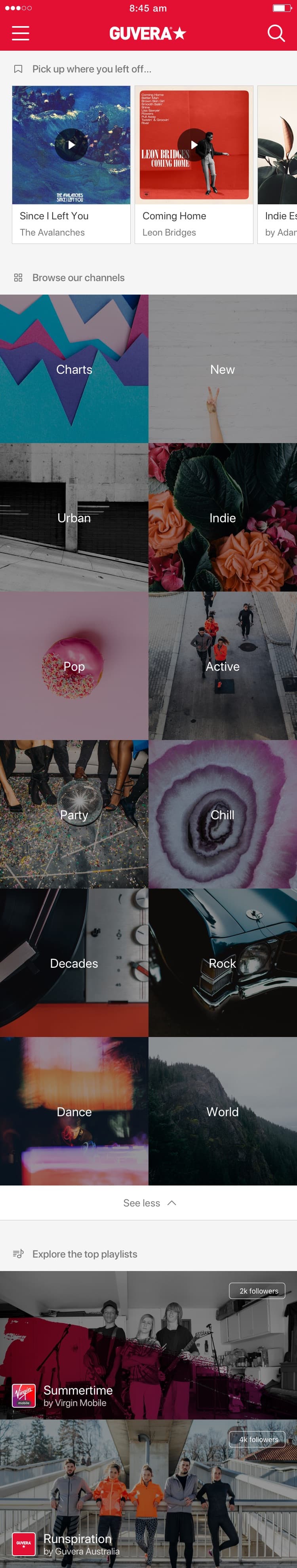 High fidelity mock of the Guvera home page with channels