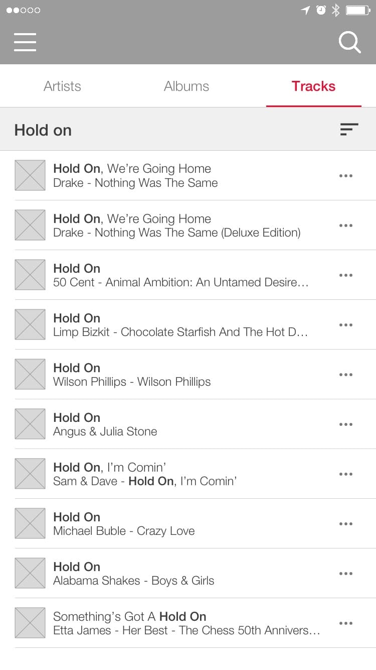 Track search results with artist names, deduplication and sorting applied
