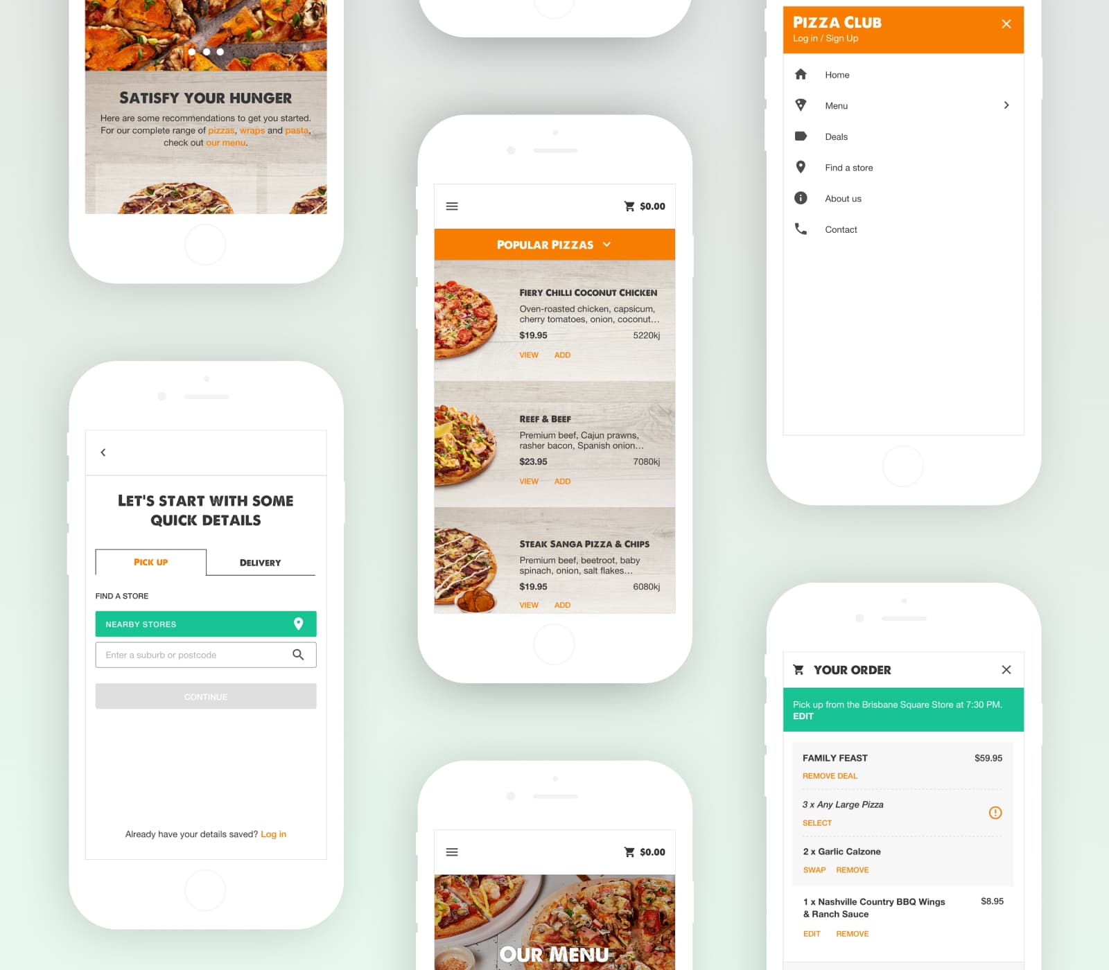 Pizza Club online ordering experience across mobile screens