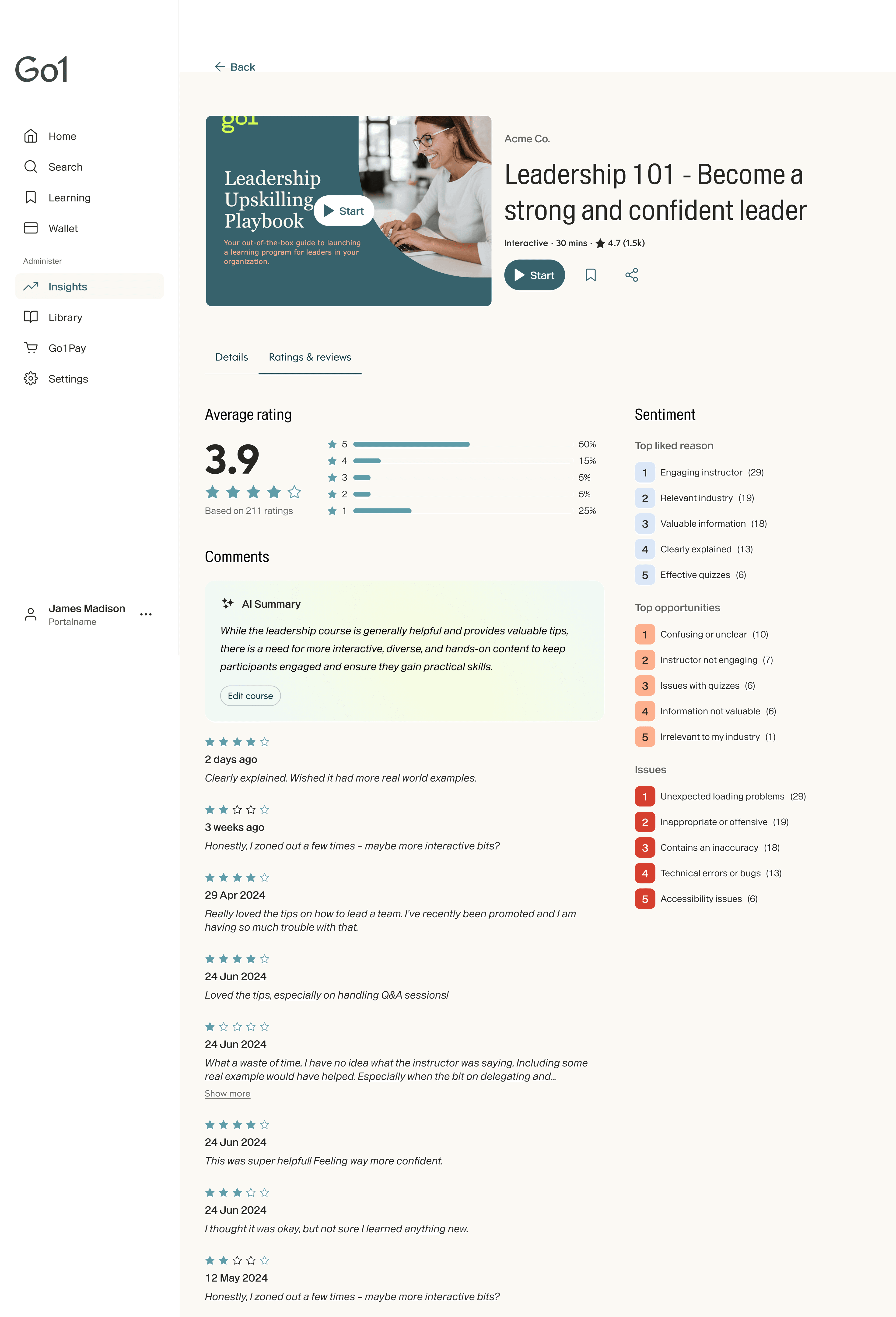 Content insights — course detail with ratings, reviews, and AI summary
